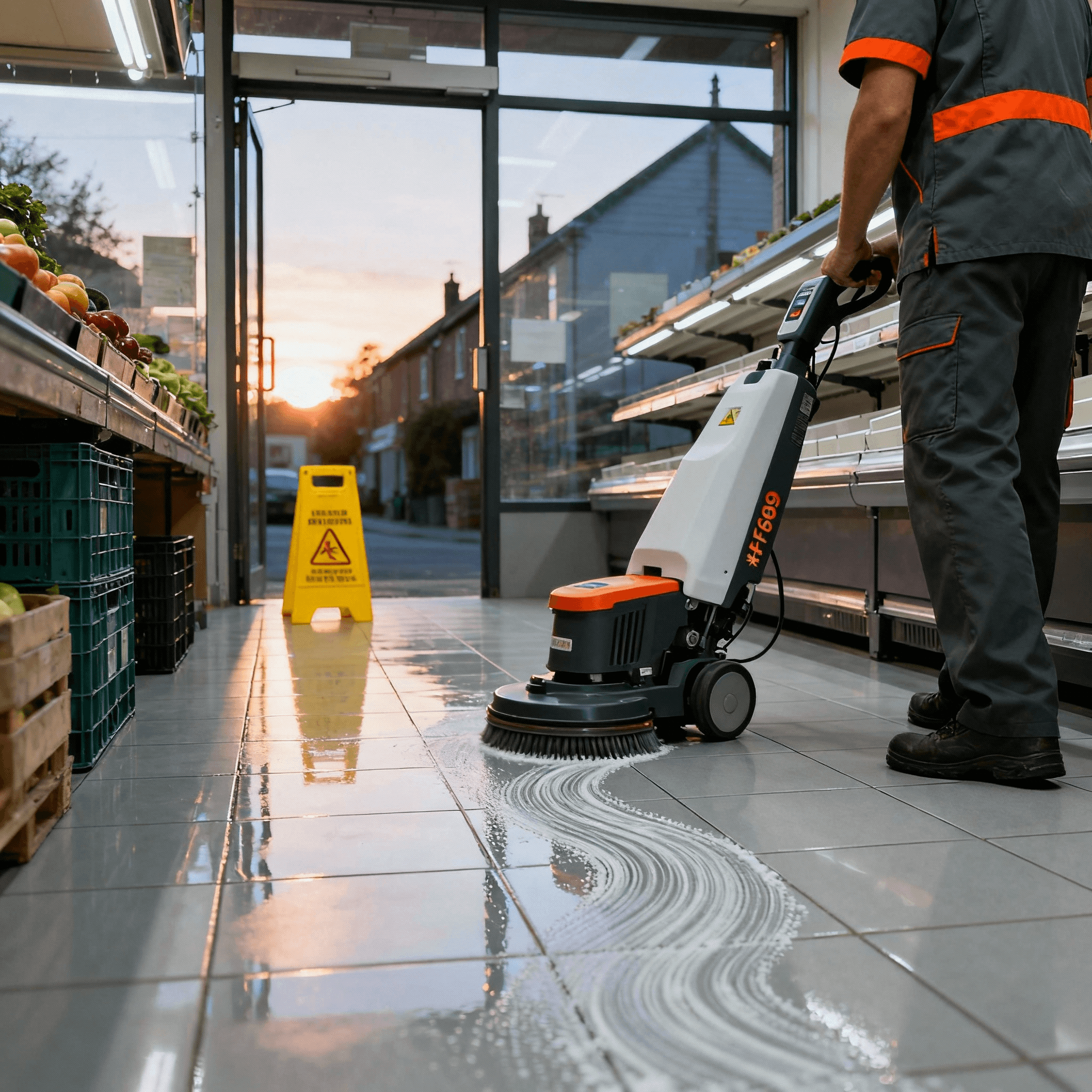 Yer silme makinesi ile küçük market temizliği