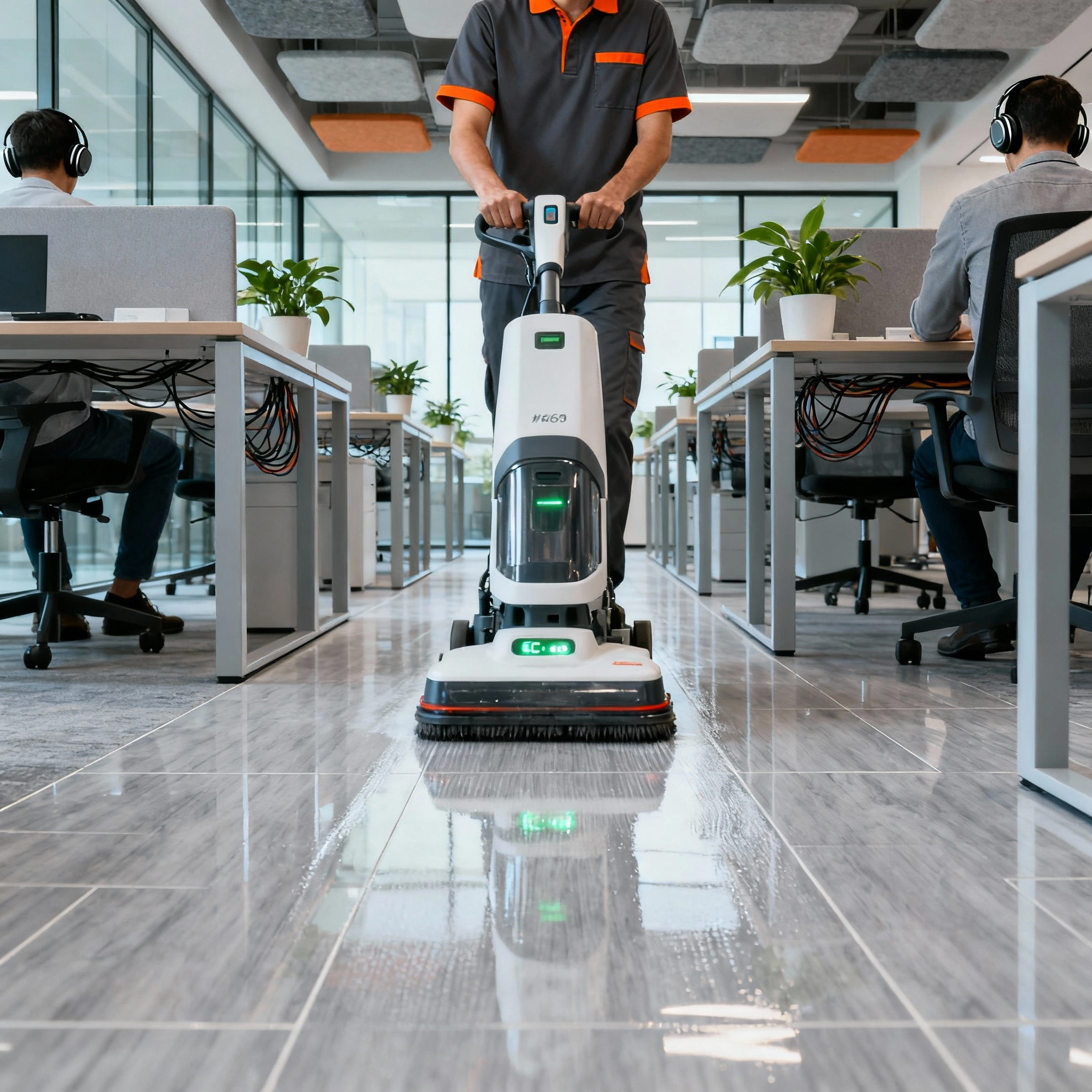 Yer silme makinesi ile ofis zemin temizliği